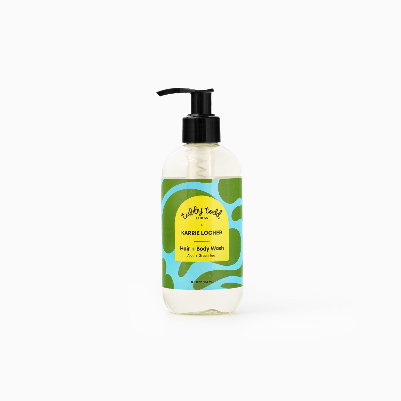 Hair and body wash bottle with a label on a white background